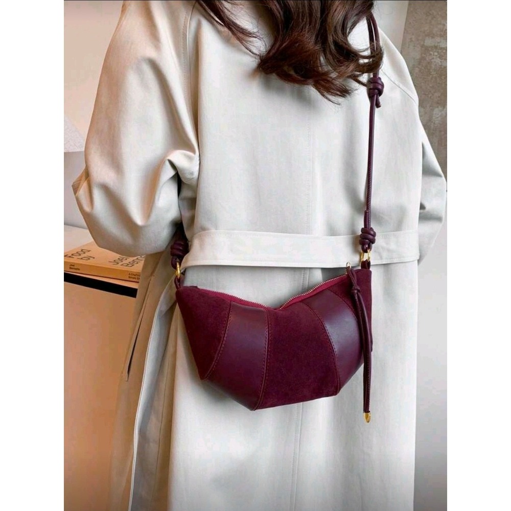 Burgundy faux Suede Chevron Shoulder‎ Bag Small Crossbody Purse
